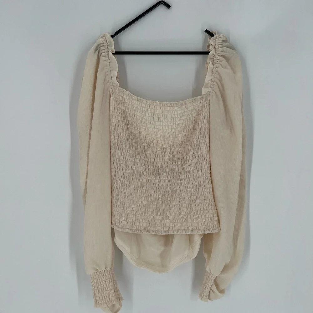 ASTR Puff Sleeve Square Neck Ruched Draped Smocked Blouse Top